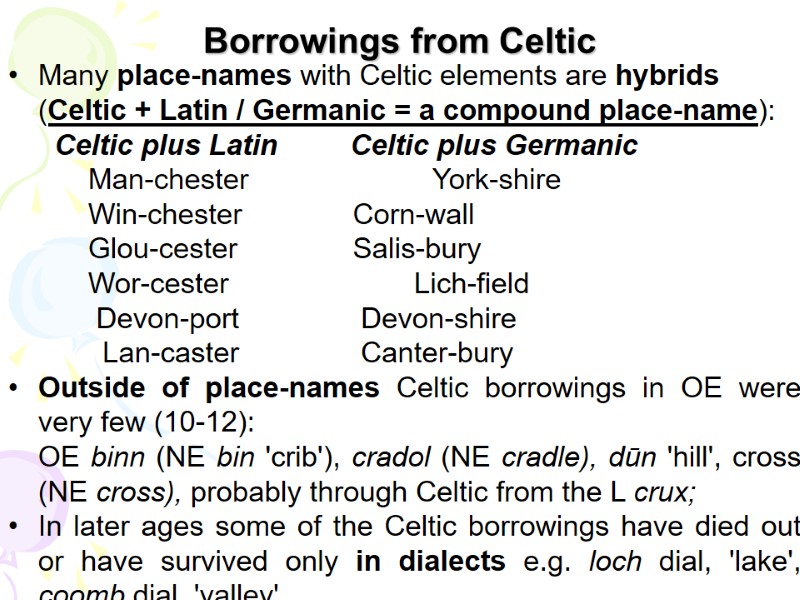 Borrowings from Celtic Many place-names with Celtic elements are hybrids   (Celtic +